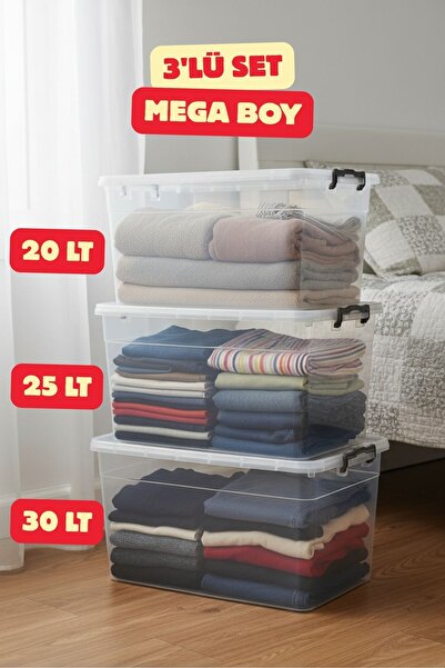 Aghilo Lockable Storage Container Set of 3 20+25+30=75Lt – with Lid & Transparent Food / Organization Box