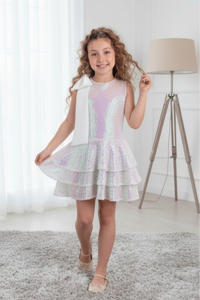 ABİYEKİDS Sequin-Embellished Layered Shoulder Ribbon-Detail Stylish White Kids' Formal Dress ABY196