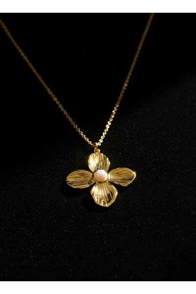LUNEVORA Altın Renk Yonca Formlu İnci Detaylı Çelik Kolye