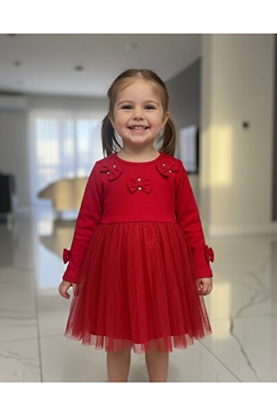 EFLİNS Girl's Dress, Red, with Tulle Skirt, Bow and Stone Details