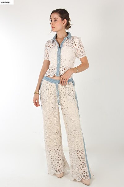 Mckanzie 2795 All over Laced Collar and Button Place Denim Sequin Shirt
