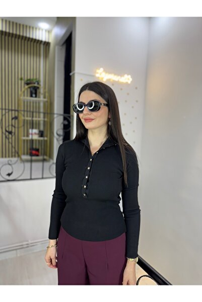 Butik Siyah Çelik triko boğazlı gömlek yaka gold düğmeli çizgi desen likralı ...