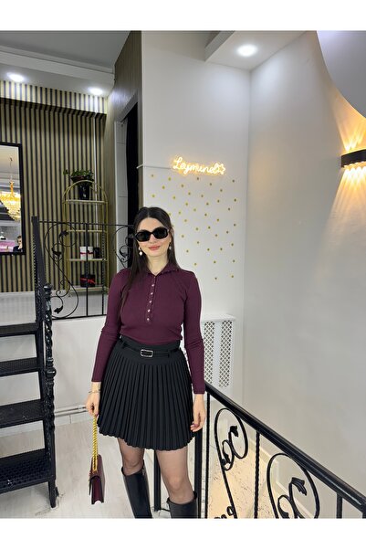 Butik Siyah önden arkadan pileli kemerli yandan fermuarlı içten şort etek