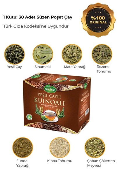 Mindivan Yeşil Çaylı Kuinoalı Karışık Bitki Çayı 30 Poşet