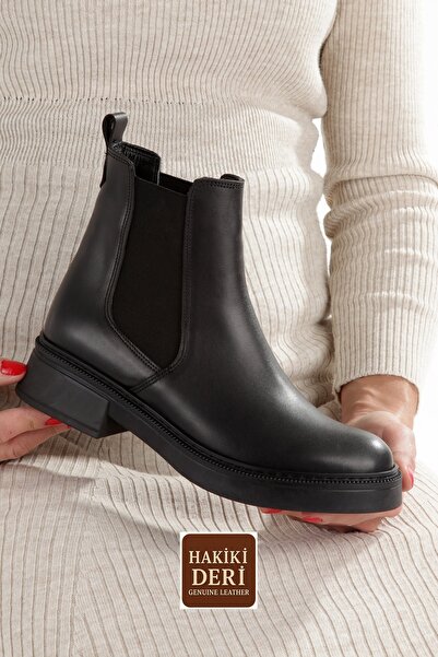 Modabuymus Kami Siyah Lastikli Hakiki Deri Günlük Chelsea Bot