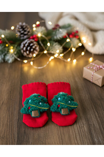 Bond and Bestie Red Baby Socks with Christmas Tree Figure – New Year Themed Newborn Socks and Children's Socks