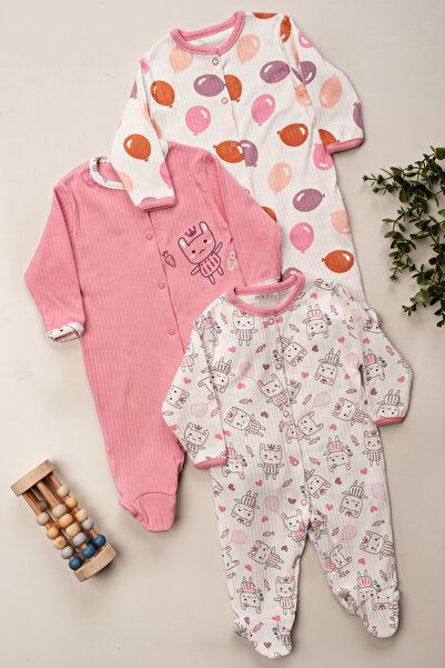 DEFNE LİNA BABY Kız Bebek Baskılı Pamuklu Patikli 3lü Tulum Seti Renkli Desen...
