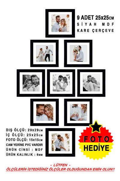 bymat 9 Adet 25x25 Çerçeve - Siyah Çerçeve - Mdf Kare Çerçeve - Çoklu Foto Çe...