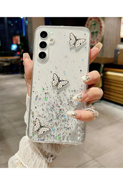 Rivor Samsung Galaxy S22 Uyumlu Kılıf Kamera Çıkıntılı Simli Kelebek Kabartma...