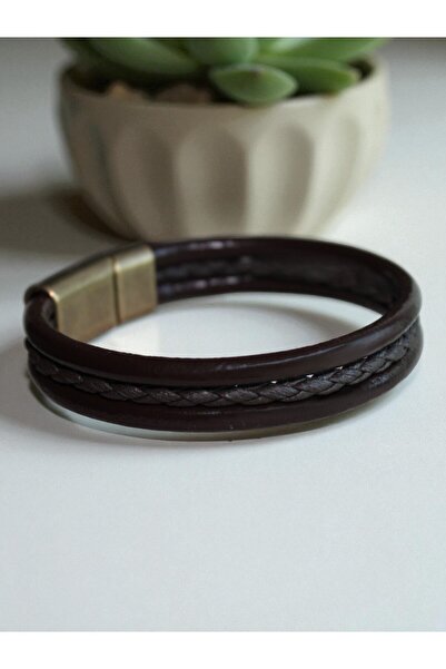 DEHNA Kahverengi Deri Bileklik, Örgü Detaylı, Mıknatıs Kapamalı, 3 Beden Seçe...