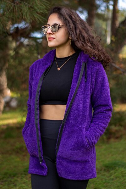 Azıcık Akıllı Jachetă mov de pluș groasă, cu fermoar, cu glugă, cu buzunare 2...