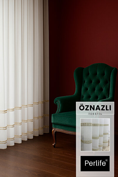 perlife Perdele clasică de lux din tul – 3 rânduri de broderie, cu broderie pe tiv, design elegant cu pliuri freci