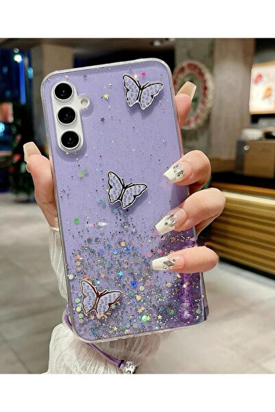 Rivor Samsung Galaxy A35 İçin Uyumlu Kılıf Kamera Çıkıntılı Simli 3D Kelebek ...