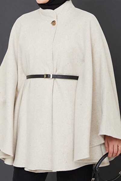 Cochines Γυναικεία κρεμ χρυσή μπροσούρα με κουμπιά και ζώνη ψηλός λαιμός Μαύρο καστανό χρώμα Τουνίκ Μακρύ Πόντσο