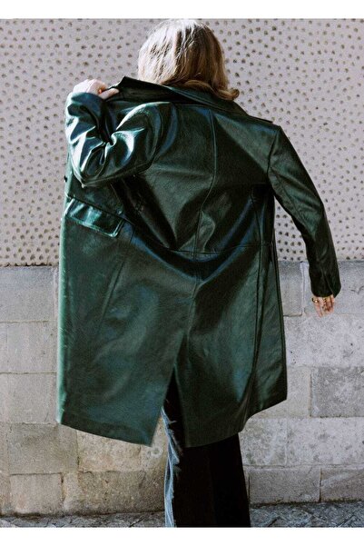 MANGO Woman Uzun deri efektli kaban