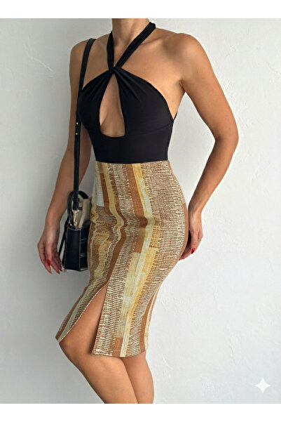 MaxiMor Women's Elastic Waist Front Slit Pencil Lycra Fabric Midi Length Skirt