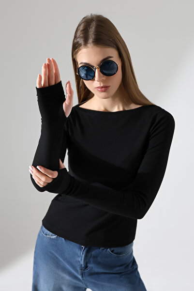 Şiir بودور للنساء - رقبة قارب، تفاصيل إصبع القدم، بلوزة وأكمام طويلة - أسود