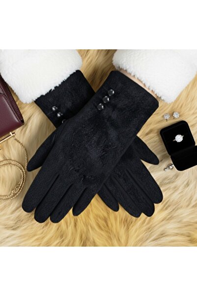 Özyıldırım Çarşı Pazar Kadın Pelüşlü Siyah Eldiven+Kaşmir+Dokunmatik+Şık Tasarım