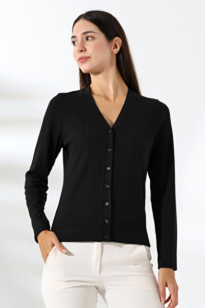 Şiir Kambia Kadın Yumuşak Dokulu Slim Fit Uzun Kollu Düğmeli Basic Klasik Hırka - Siyah