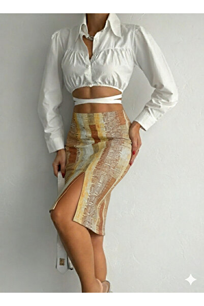 MaxiMor Women's Elastic Waist Front Slit Pencil Lycra Fabric Midi Length Skirt