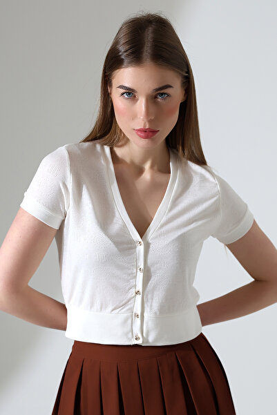 Şiir Vasi Women's Summer Openwork Ecru Short Cardigan - Stylish Button, Short...