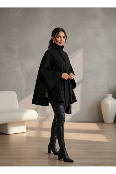 şuranur Stand-Up Collar Belt Detail Premium Poncho Coat