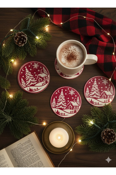 Duxud حامل أكواب بتصميم غابة الصنوبر باللونين الأحمر والأبيض (مجموعة من 4)