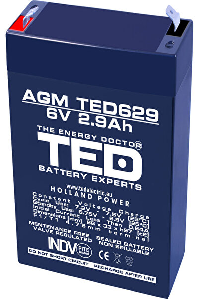 TED Acumulator AGM VRLA 6V 2.9Ah plumb acid 66x33x97 mm F1 terminal Battery Expert Holland