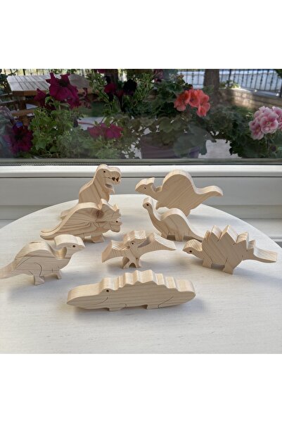 LAVİNİA Doğal Ahşap Hayvan Figürleri, Ahşap Dinazor Oyun Seti, 8'li Set