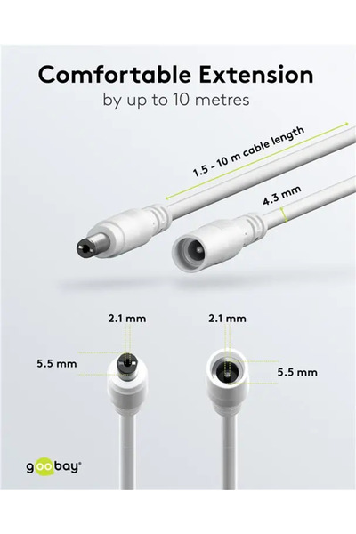 goobay Extension cable DC 5.5/2.1 plug - DC 5.5/2.1 socket 10m 5A 2x0.5mm2 straight copper white 76677