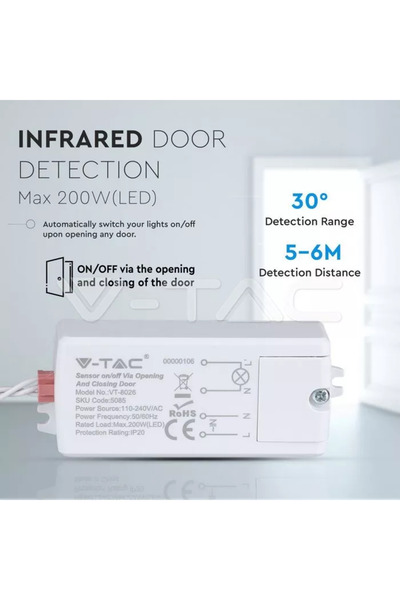 V-TAC ON/OFF motion sensor, reaction to door opening and closing, max 500W