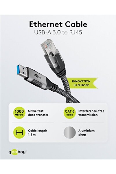 goobay Ethernet LAN cable USB-A 3.0 to RJ45 1.5m CAT6 Gbit/s black 70497