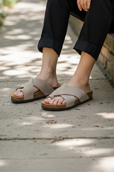 Land of Cork Γυναικείες παντόφλες ανατομική φυσική σόλα από φελλό Taupe Suede δερμάτινες σαγιονάρες