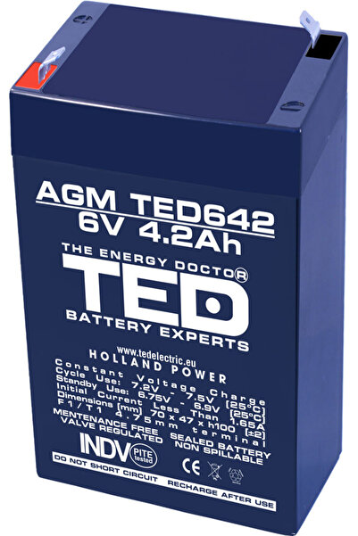 TED Acumulator AGM VRLA 6V 4.2Ah plumb acid 70x47x100 mm F1 terminal Battery Expert Holland
