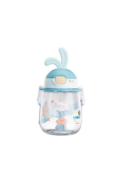 ORVO Children's Water Bottle Tritan Flask – 600 ml Water Bottle with Ear-Shaped Lid, Straw, and Strap - St-7008 - Blue