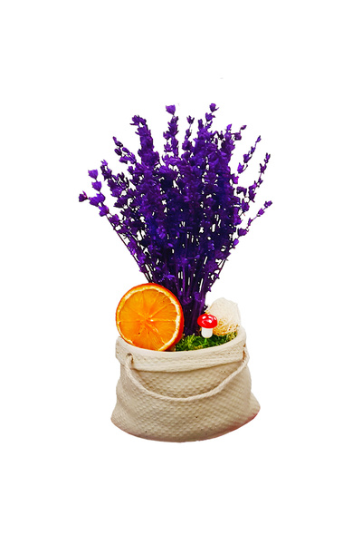 çiçekseli Gunny Bag Lavanta & Çuval Görünümlü Beton Saksıda Kuru Çiçek Şoklan...