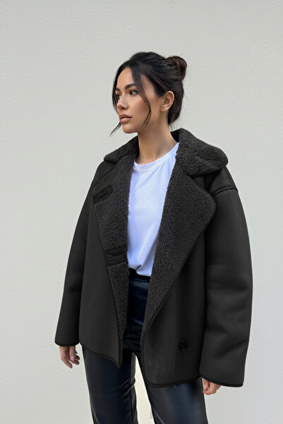 Bermody Παλτό O oversized από μαύρο σουέντ με υφή από πέτρα με εσωτερική επένδυση από βελούδο