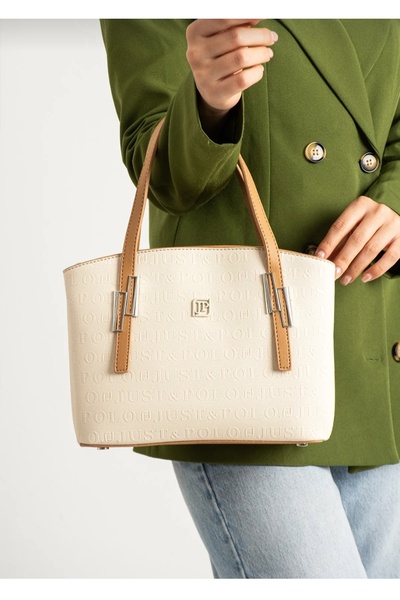 Just Polo حقيبة كتف ويد نسائية منقوشة باللون الكريمي مطبوعة بسحاب وسحاب للإغلاق