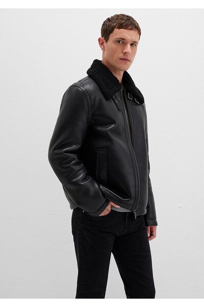 Mavi Faux Fur Detailed Black Faux Leather Jacket Regular Fit / Regular Cut 0110670-71379