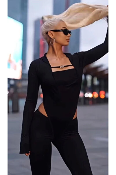 DUOF Women's Long Sleeve Square Neck Buckle and Low Waist Detail Jumpsuit Romper