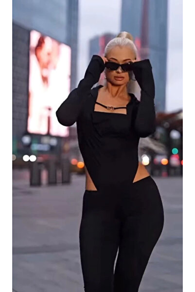 DUOF Women's Long Sleeve Square Neck Buckle and Low Waist Detail Jumpsuit Romper