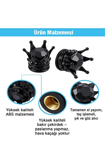 Siyah Lüks Tasarım (4'lü Set) – Şık ve Dayanıklı Kraliyet Taç Vana Kapakları