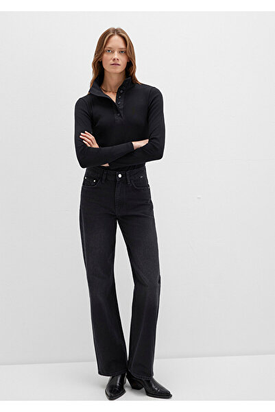 Mavi Button Detailed Mock Neck Black T-Shirt Fitted / Bodycon Cut 1613614-900