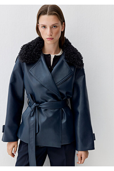 Mavi Navy Blue Faux Fur Detailed Faux Leather Jacket Loose Fit / Relaxed Fit 1110717-87822