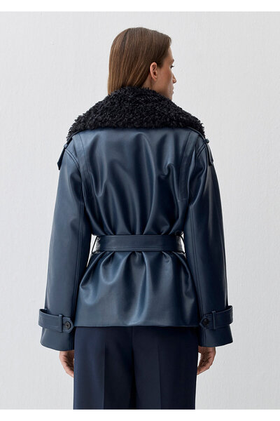 Mavi Navy Blue Faux Fur Detailed Faux Leather Jacket Loose Fit / Relaxed Fit 1110717-87822