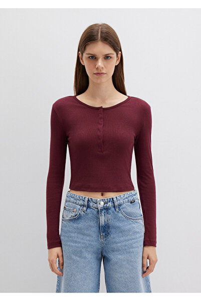 Mavi Button Detailed Long Sleeve Burgundy Crop Basic T-Shirt Crop / Short Cut 1613403-70426