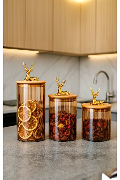 toprakhome 3 lü Set Geyik Kulplu Bambu Vakum Kapaklı Cam Baharatlık Çok Amaçlı Kahve ve Şekerlik Kezze