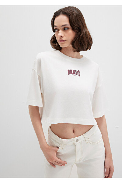 Mavi Logo Printed Ecru Crop T-Shirt Crop / Short Cut 1613411-70057
