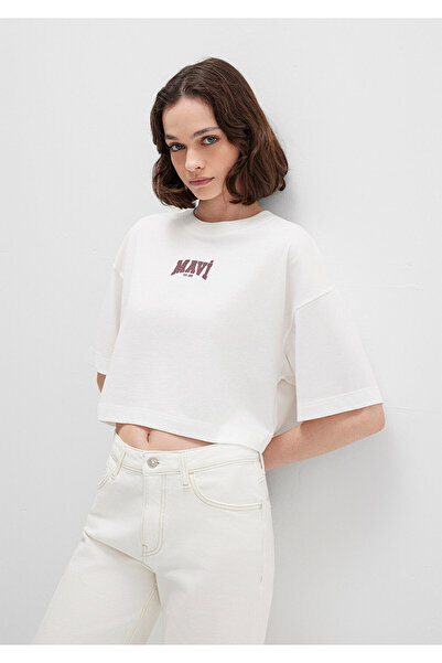 Mavi Logo Printed Ecru Crop T-Shirt Crop / Short Cut 1613411-70057