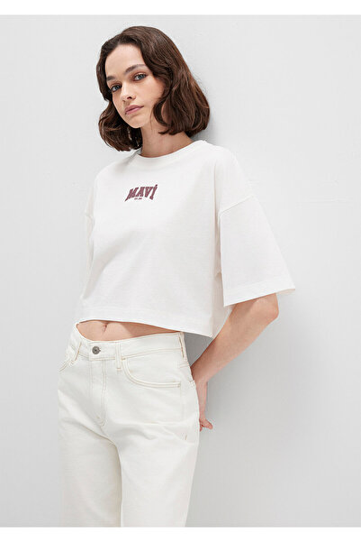 Mavi Logo Printed Ecru Crop T-Shirt Crop / Short Cut 1613411-70057